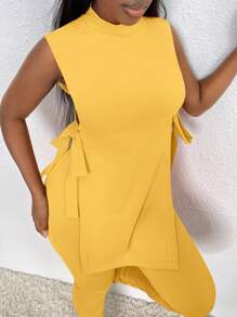 Slaydiva 側打結背心上衣和緊身打底褲 - 黃色 - 查看 4