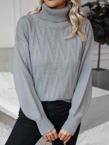 SHEIN Essnce 高領落肩袖套頭毛衣 - 灰色 - 查看 4