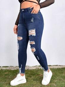 SHEIN ICON Plus High Waist Ripped Raw Cut Skinny Jeans - Dark Wash - View 4