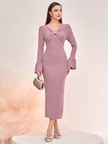 Modelyn 素色荷葉袖條紋針織緊身毛衣洋裝 - 淺灰紫 - 查看 3