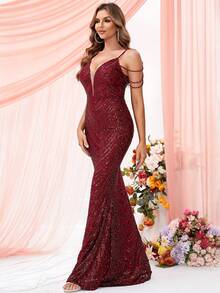 LOVE&LEMONADE Cold Shoulder Mermaid Hem Sequin Prom Dress - Red - View 4
