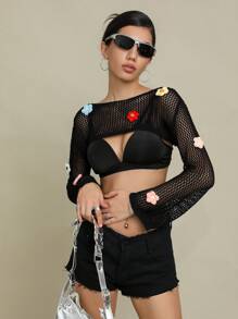 SHEIN Unity 1件贴花细节镂空针织超短款套头衫秋冬毛衣 - 黑色 - 查看 3