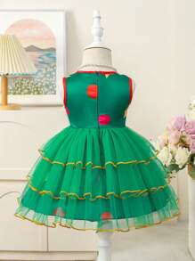 Baby Girl Star Print Mesh Overlay Gown Dress - Green - View 2