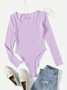 SHEIN EZwear 净色罗纹针织连体衣 - 淡紫色 - 查看 1