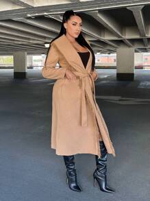 SHEIN SXY Fringe Trim Waterfall Collar Belted Overcoat - Camel - View 3