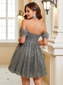 SHEIN Belle Off Shoulder Ruched Sequin Mesh Overlay Dress Party Dress - Grey - View 2