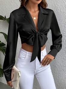 Chiquease Solid Knot Front Crop Satin Blouse Women Shirt Fall Cloth For Women - Black - View 6