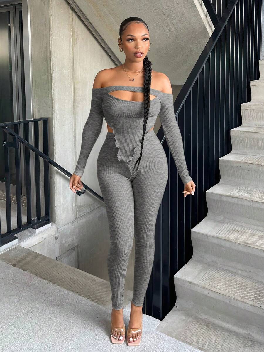 SHEIN SXY Off Shoulder Asymmetrical Hem Crop Top & Leggings - Light Grey - View 1