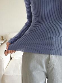 DAZY 女士纯色翻领长袖休闲商务套头衫，秋季，长袖上衣，秋季女装 - 藍色 - 查看 3