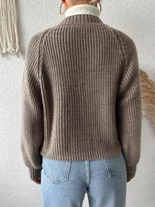 SHEIN Raglan Sleeve Button Front Cardigan - Khaki - View 4