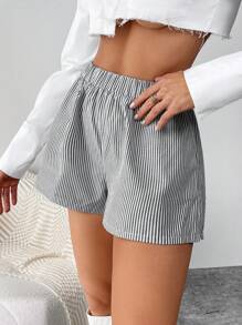 SHEIN Essnce Striped Print Elastic Waist Shorts - Black - View 1