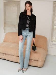 黑色夹克，新品上市，独特设计，高品质女士休闲上衣 - 黑色 - 查看 7