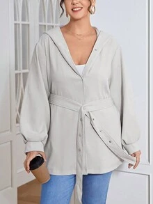 SHEIN Essnce Plus Áo khoác có mũ trùm đầu phía trước có nút chắc chắn - Màu be - Xem 6