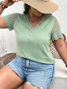 SHEIN Frenchy Plus Contrast Lace Button Front Tee