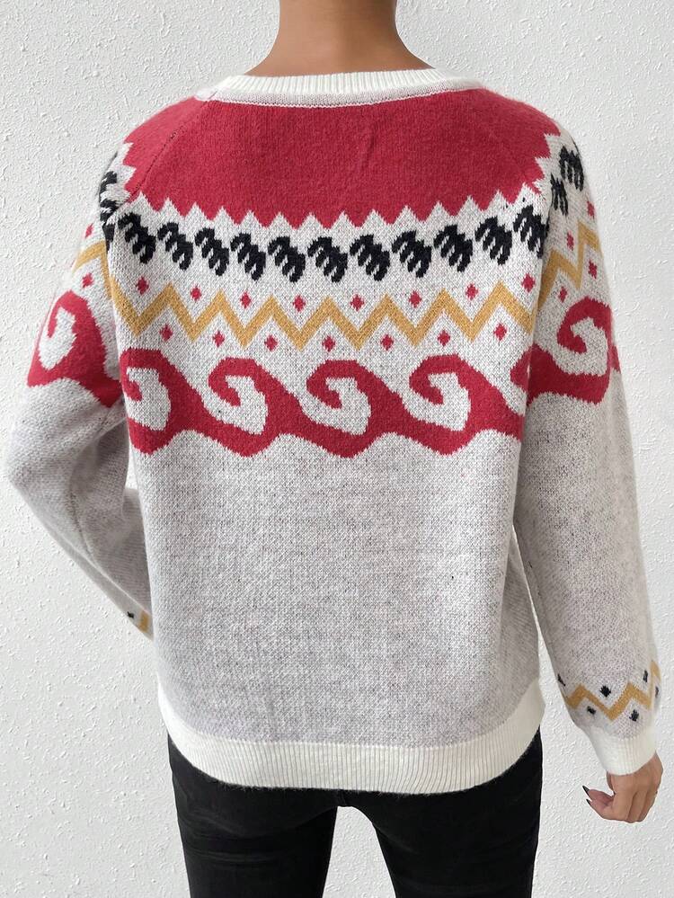 Geo Pattern Raglan Sleeve Knit Pullover Fall Winter Sweater