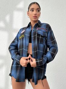 SHEIN Unity 格紋印花字母補丁細節落肩袖外套 - 彩色 - 查看 4