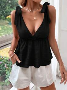 SHEIN VCAY Tie Shoulder Peplum Tank Top - Black - View 4