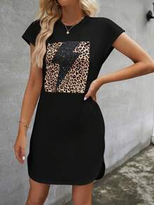 SHEIN LUNE 豹紋印花蝙蝠袖T恤洋裝 - 黑色 - 查看 6