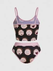 Rick and Morty | ROMWE 加大尺寸彩塊卡通印花背心上衣和內褲套裝,邊緣處理,適用於家居穿戴 - 彩色 - 查看 2