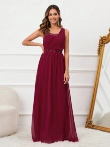 Asymmetrical Neck Chiffon Maxi Cocktail Dress - Burgundy - View 1