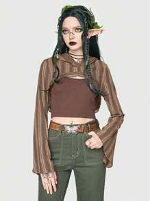 ROMWE Fairycore Striped Print Flounce Sleeve Super Crop Top Without Cami Top - Brown - View 4