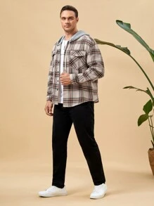 Manfinity Homme Men Plus Plaid Print Drawstring Hooded Flap Pocket Shirt
