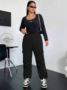 Flirla Plus Flap Pocket Side Cargo Pants - Black - View 4