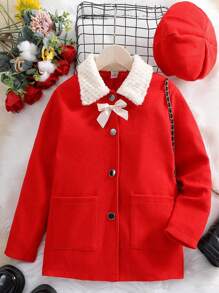 SHEIN Tween Girl Borg Collar Dual Pocket Bow Front Overcoat & Hat for Christmas - Red - View 1