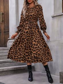 SHEIN Clasi 豹紋燈籠袖洋裝 - 棕色 - 查看 3