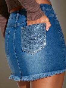 SHEIN BAE Rhinestone Detail Raw Hem Denim Skirt