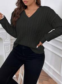 Vionelle Plus Cable Knit Drop Shoulder Sweater Knit Pullover Fall Winter Outfit Autumn - Black - View 4