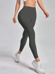 Easithlete Solid Wideband Waist Ruched Back Sports Leggings - Dark Grey - View 2