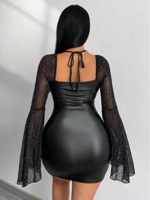 VaVaBold 性感網拼接 後系帶純色女士連衣裙 - 黑色 - 查看 2