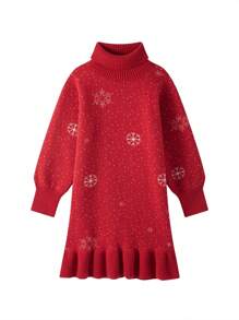 SHEIN Tween Girl Turtleneck Snowflake Pattern Ruffle Hem Sweater Dress, For Christmas - Red - View 1