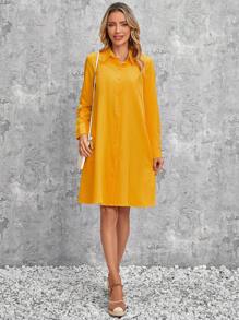 EMERY ROSE Solid Hidden Pocket Shirt Dress - Mustard Yellow - View 5