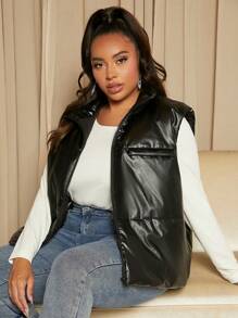 SHEIN SXY 加大拉链 PU 皮革背心夹棉外套 - 黑色 - 查看 5