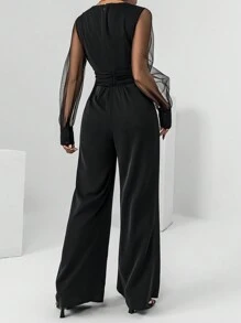Firerie Contrast Mesh Bishop Sleeve Ruched Waist Wide Leg Jumpsuit - Black - View 2