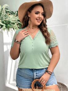 SHEIN Frenchy Plus Contrast Lace Button Front Tee