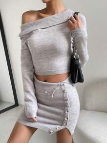Chiquease Foldover Asymmetrical Shoulder Crop Sweater & Button Detail Knit Skirt - Grey - View 4