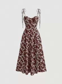 SHEIN MOD Vải in hoa Cà vạt vai Váy Dây - màu nâu - Xem 1