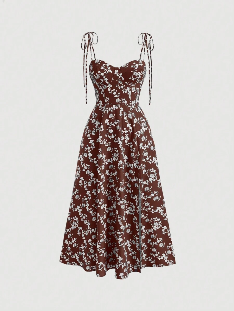 SHEIN MOD Vải in hoa Cà vạt vai Váy Dây - màu nâu - Xem 1