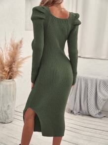 SHEIN LUNE Square Neck Puff Sleeve Bodycon Sweater Dress Fall Winter Cloth For Women - Green - View 2