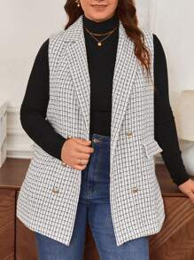 SHEIN Frenchy 大碼格紋雙排釦背心大衣