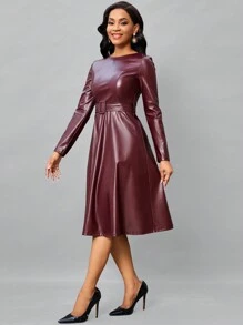 SHEIN Lady Women Spring Autumn Solid Color PU Leather Round Neck Long Sleeve Midi Elegant Office Dress