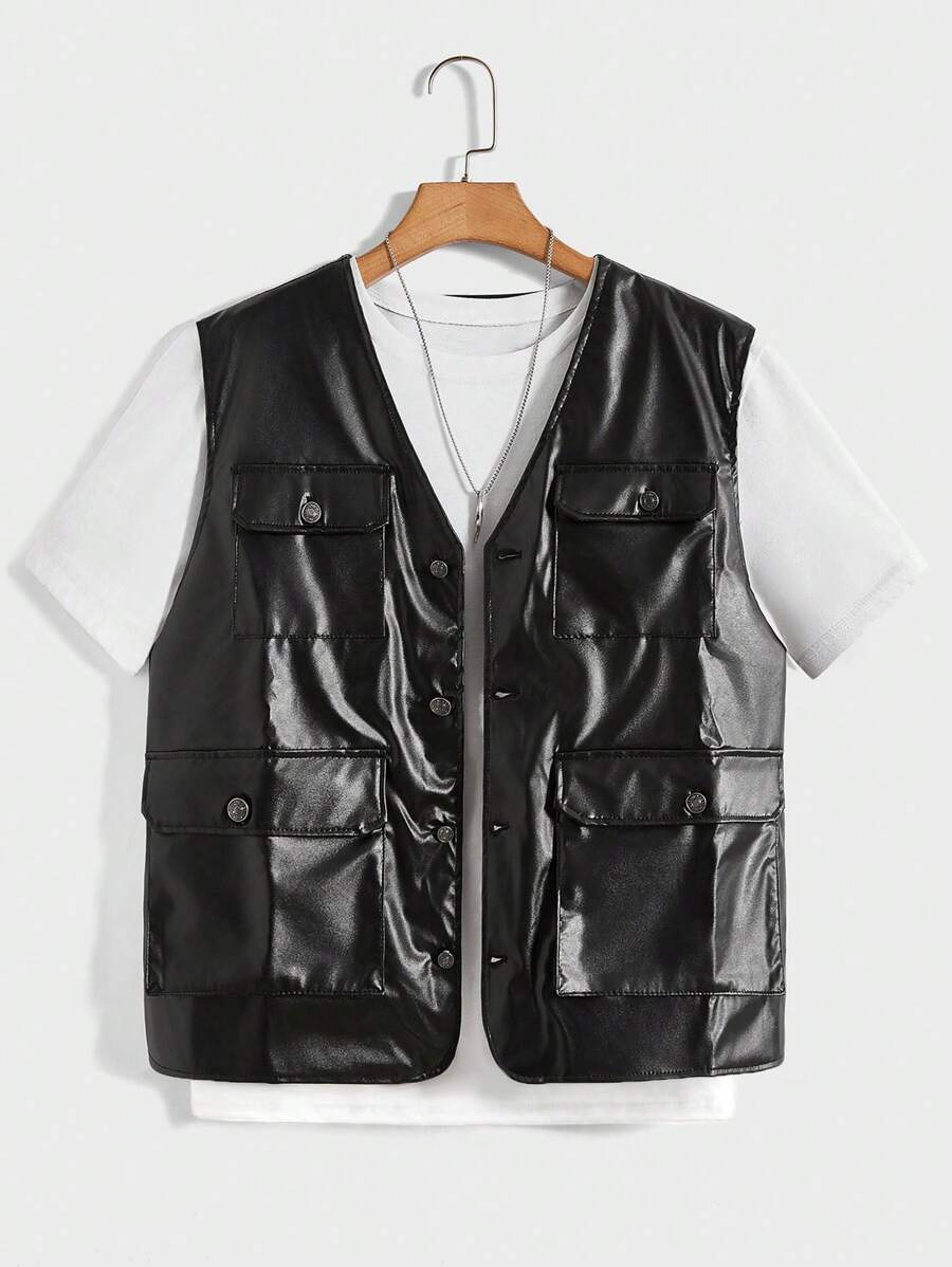 Manfinity RebelGame 男士翻蓋口袋PU皮革夾克背心不帶T恤 - 黑色 - 查看 1