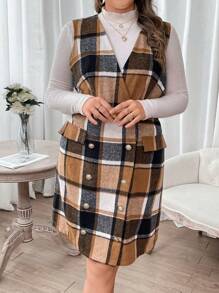 Flirla Plus Plaid Print Double Breasted Dress Without Tee - Multicolor - View 3