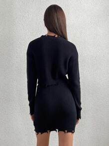SHEIN Unity Solid Drop Shoulder Distressed Crop Sweater & Knit Skirt Fall Cloth For Women - Black - View 2
