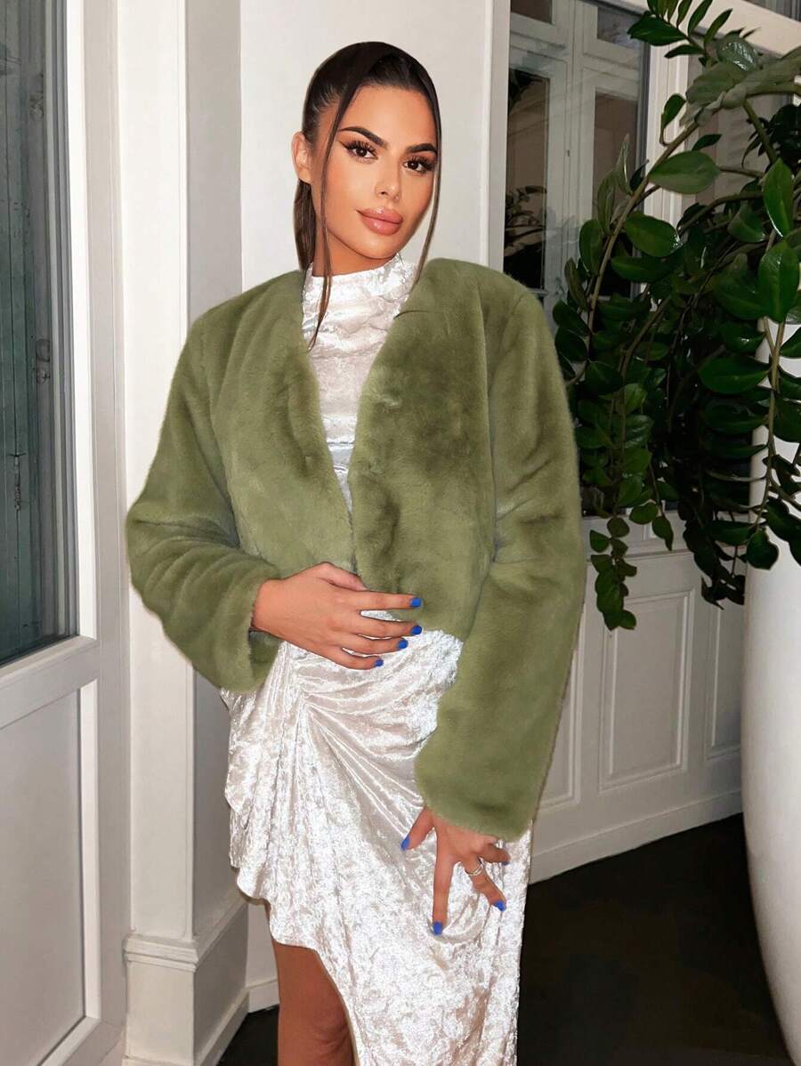 SHEIN SXY Solid Open Front Fuzzy Coat - Green - View 1