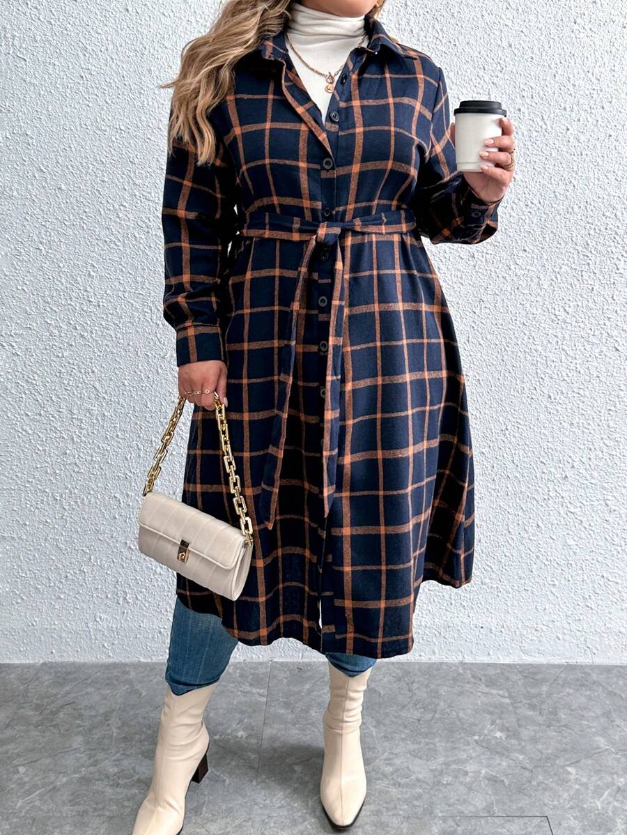 SHEIN LUNE 加大格子印花系腰带衬衫裙长款女装 - 藏蓝色 - 查看 1