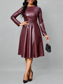 SHEIN Lady Women Spring Autumn Solid Color PU Leather Round Neck Long Sleeve Midi Elegant Office Dress
